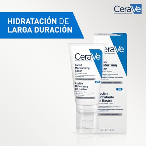 CeraVe Loción Hidratante de Rostro PM, Para Piel Normal a Seca, Hidrata y Restaura la Barrera Protectora de la Piel, Enriquecida con Ceramidas Esenciales, Niacinamida y Ácido Hialurónico, 52ml